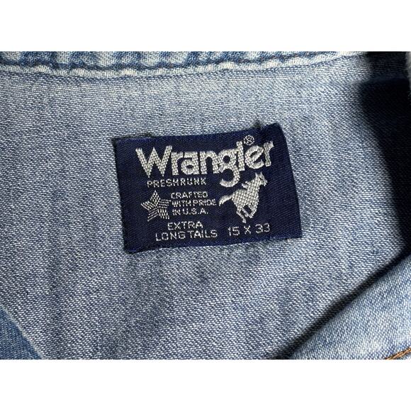 Wrangler ProGear Denim Western Shirt USA Made 15x33 Long Tail Stain - Picture 2 of 16